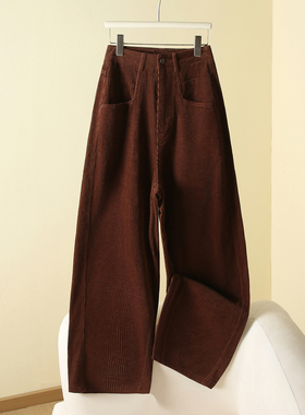 复古咖色灯芯绒弯刀裤女辣妹高腰宽松显瘦阔腿裤做旧休闲长裤子