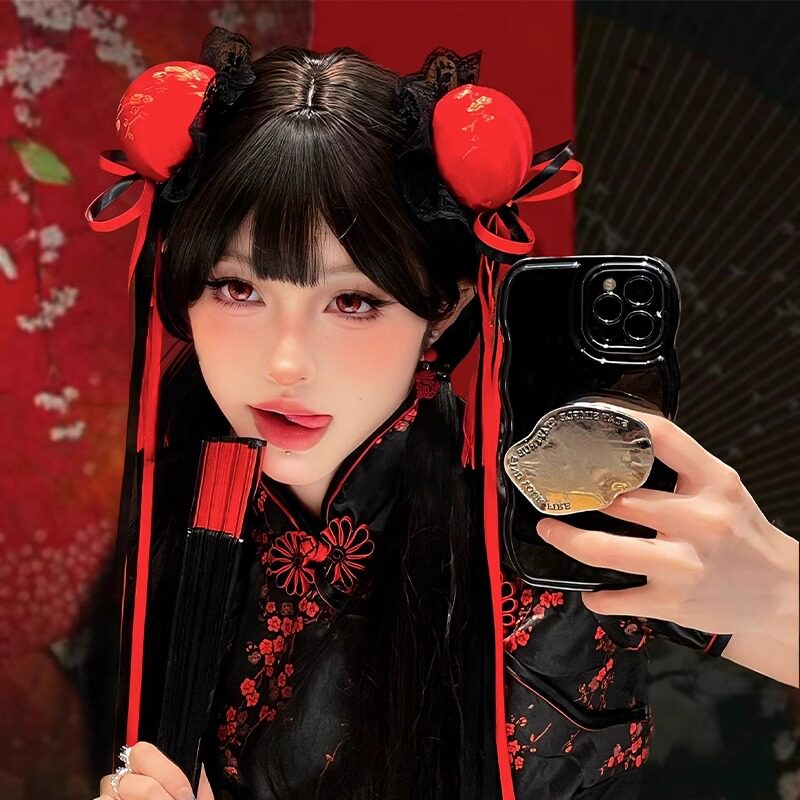 中华娘发包中华风红色头饰包子头春丽小厨娘旗袍配饰丸子头发饰