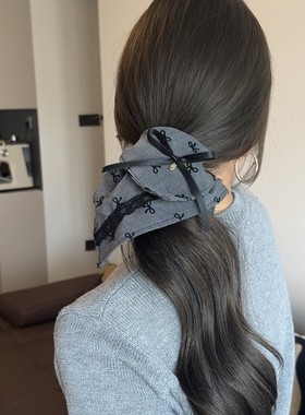 灰色格雷系蝴蝶结大肠发圈女蕾丝方巾头绳高级丸子头马尾皮筋发绳