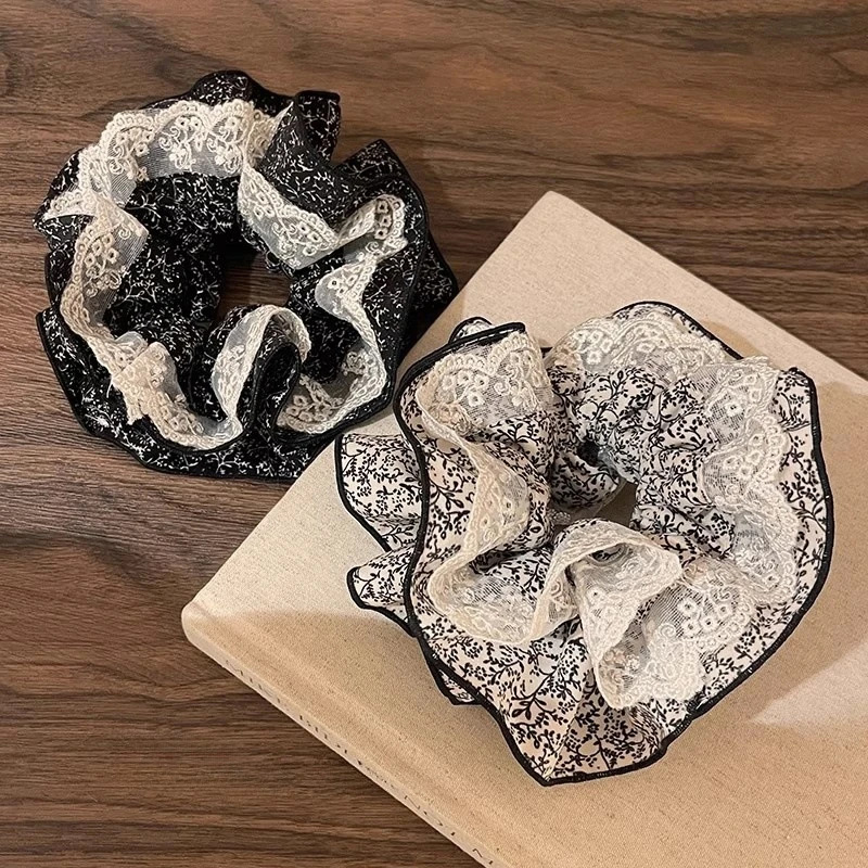 2025新款復(fù)古蕾絲花邊大腸發(fā)圈法式頭花裙邊發(fā)繩丸子頭百搭發(fā)飾女