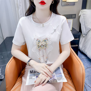 2025新款 t恤女宽松显瘦纯棉白色别致上衣服 夏季 国风重工刺绣短袖
