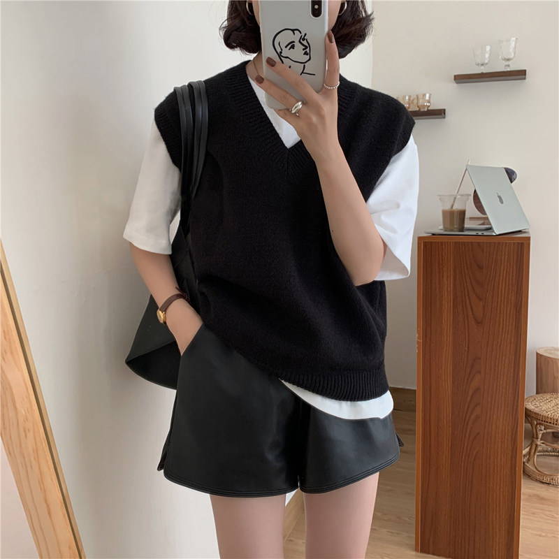 春秋日系宽松衬衫学院风v领黑色针织马甲女毛衣背心外搭叠穿马夹
