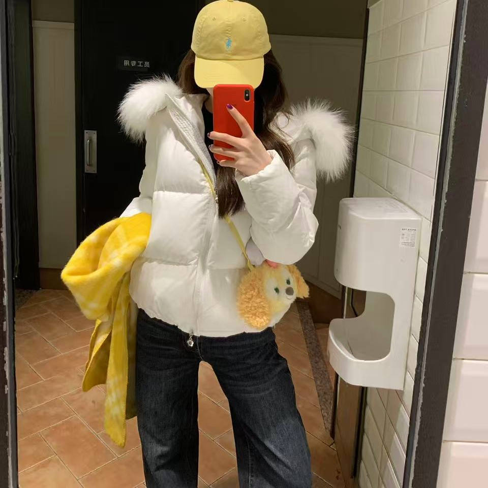 白色大毛领羽绒服女冬短款连帽90白鸭绒小个子加厚宽松面包服外套