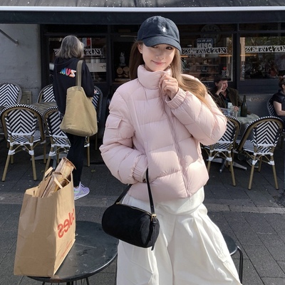 粉色立领羽绒服白鸭绒面加厚包服