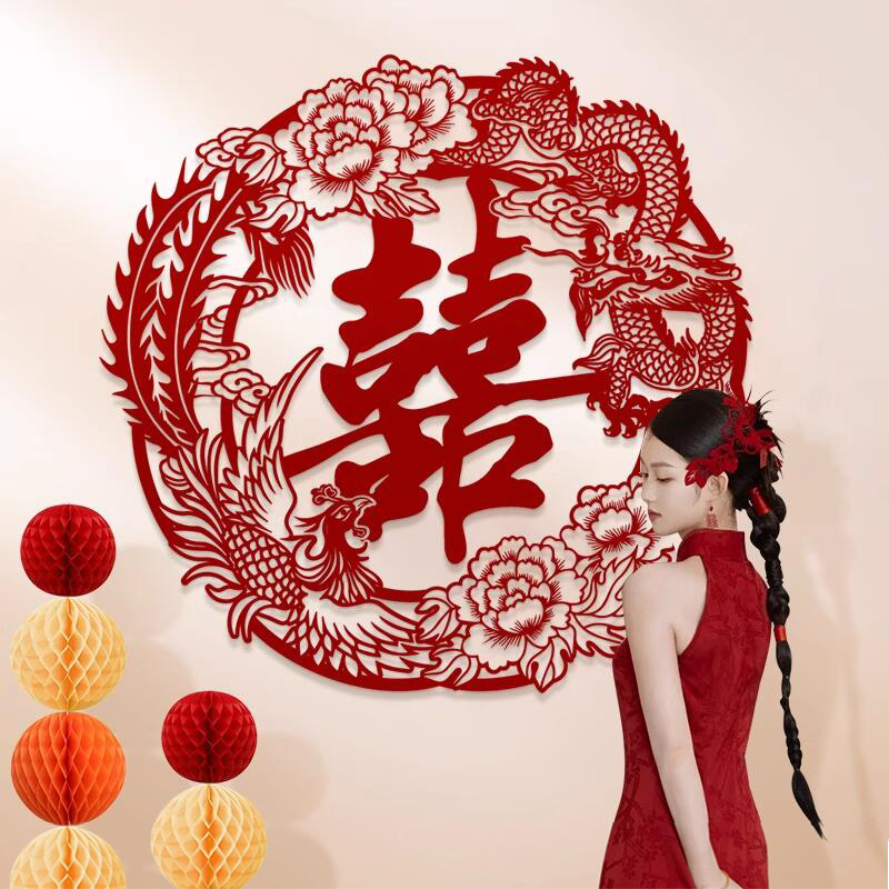 结婚超大喜字婚房楼梯背景墙布置