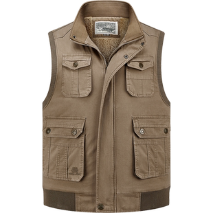 加绒加厚纯棉多口袋男士立领马甲中老年爷爷上衣爸爸冬装工装马夹