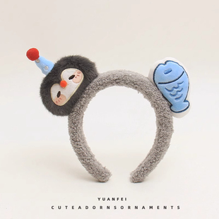 创意企鹅小鱼发箍可爱萌趣毛绒卡通头饰少女拍照洗脸发卡搞怪头箍