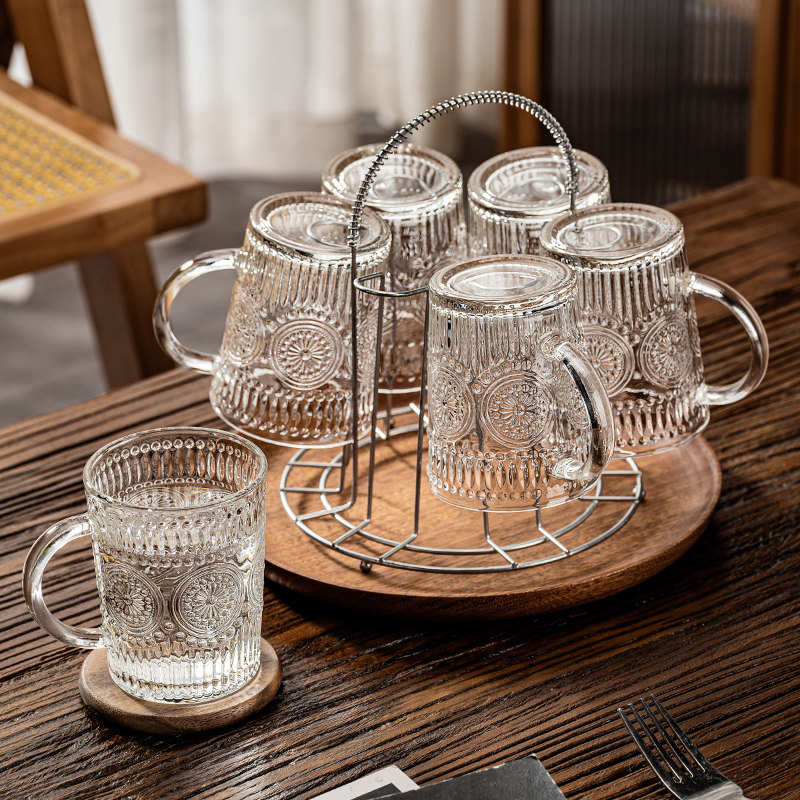 覆古浮雕玻璃喝水杯子套装家用待客厅高颜值女带把手牛奶泡茶杯具