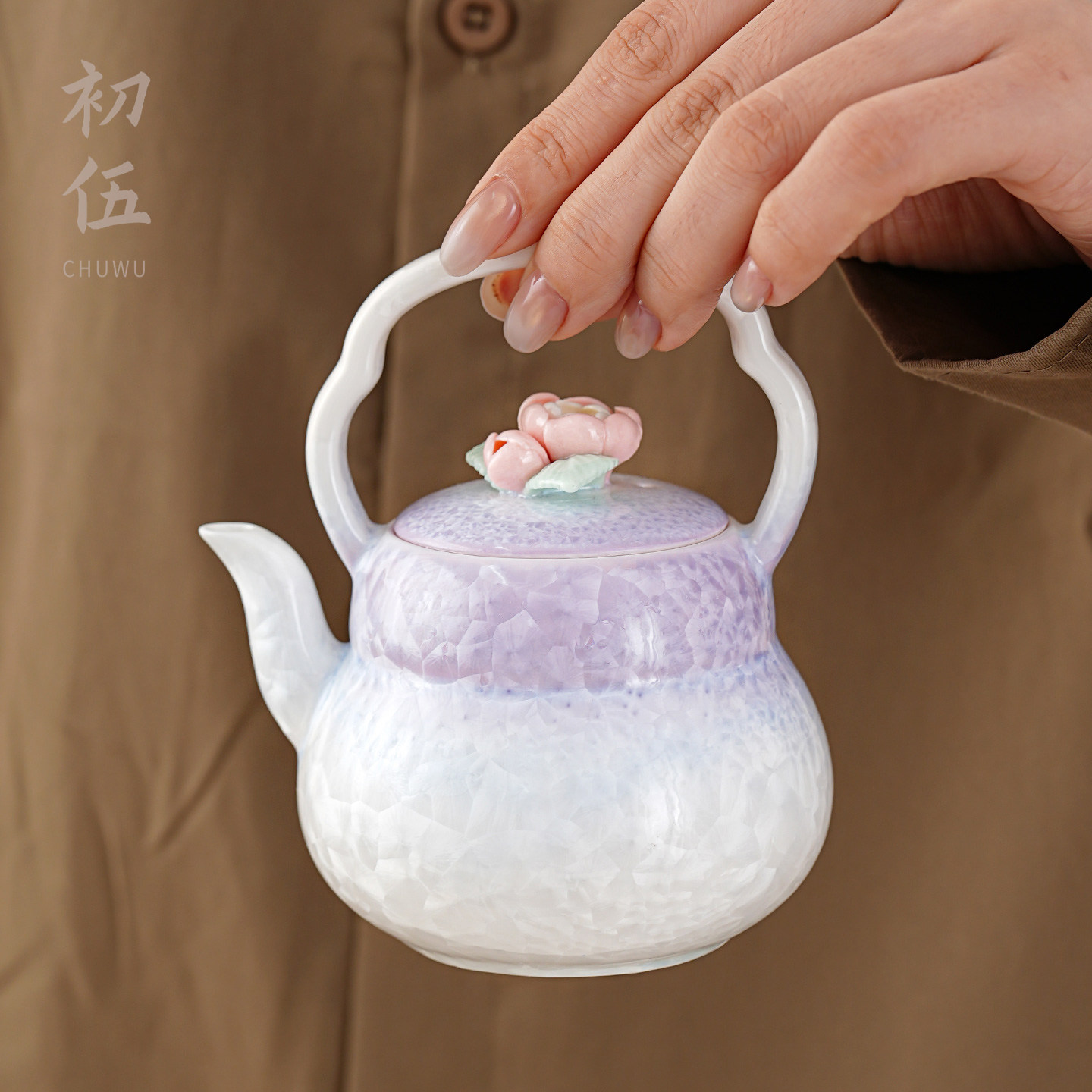 初伍渐变紫结晶釉提梁壶图片
