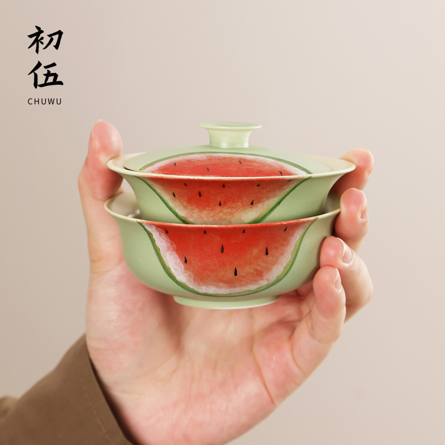 初伍手绘清夏西瓜叠叠乐盖碗图片