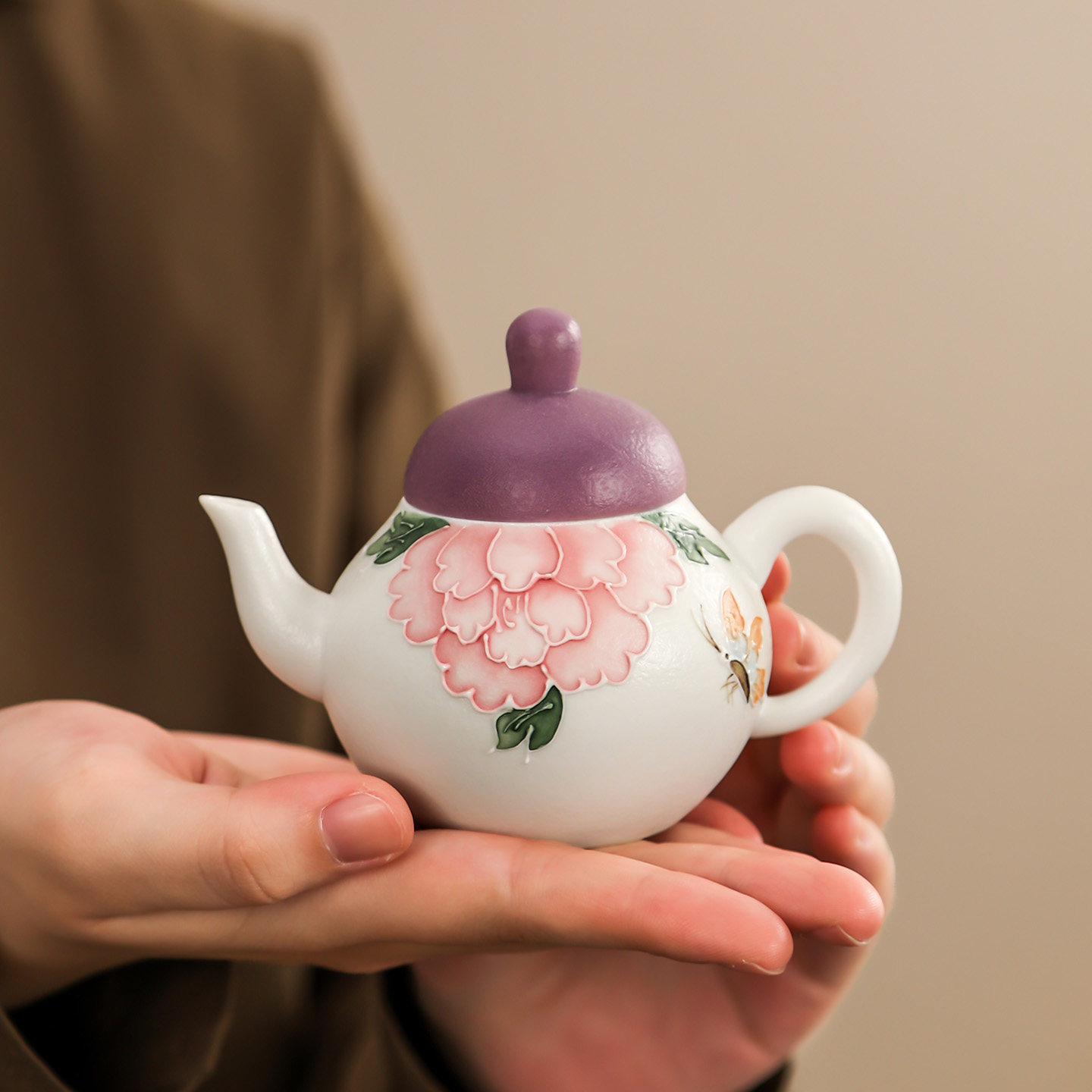 初伍手绘花间蝶舞思婷茶壶陶瓷泡茶器女士个人专用中式一人饮茶具