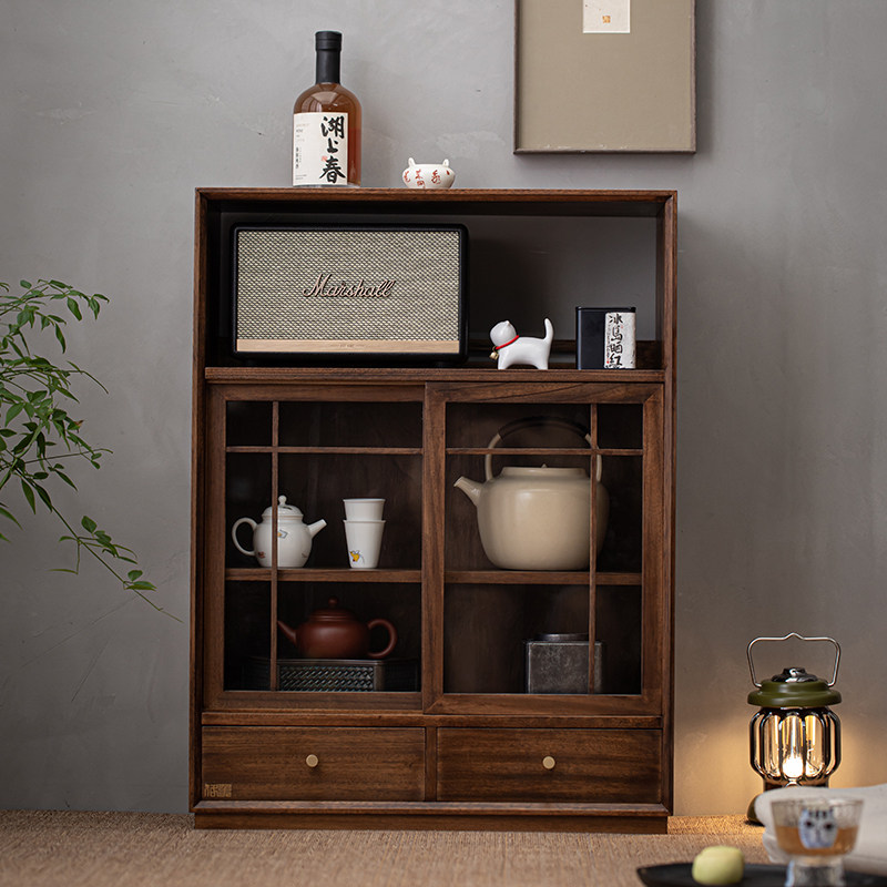 胡桃木多功能置物架收纳柜实木小型茶具架子防尘柜展示柜餐边柜