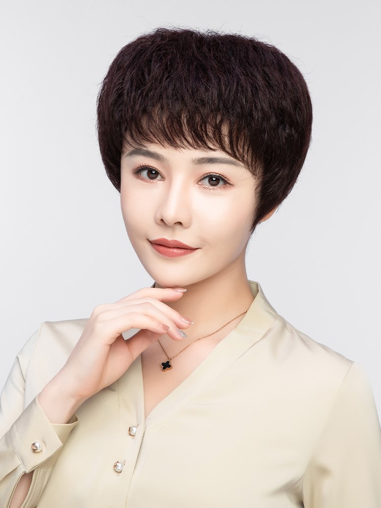 真发假发短发女中老年妈妈女士短卷发全头套全真人发丝发型1112j