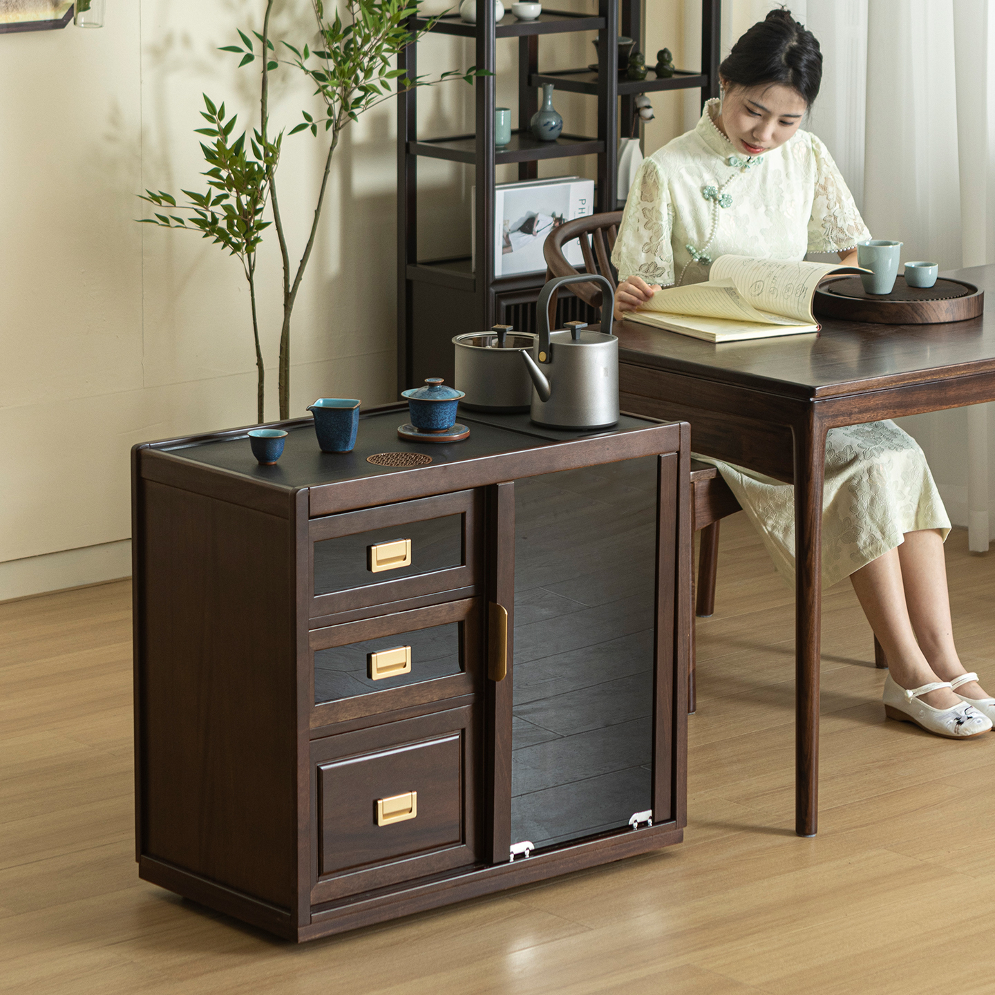 黑胡桃木移动茶水柜烧水壶一体边几置物架家用客厅沙发侧边柜侧柜