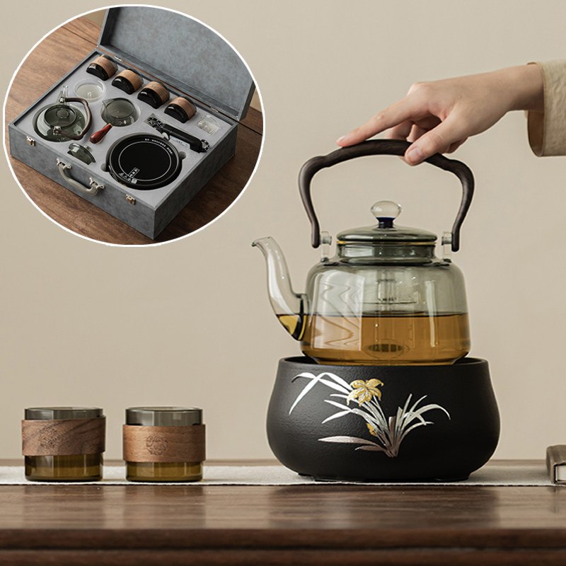 黑晶炉煮茶器耐高温玻璃煮茶壶茶杯家用煮茶炉茶具送礼佳品礼盒装