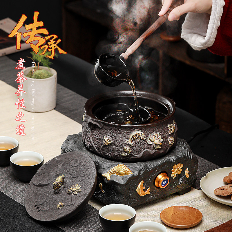 煮茶壶煮茶烧茶器陶瓷煮茶炉家用带勺办公室全自动黑晶炉覆古套装