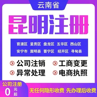 云南昆明注册公司个体电商执照代理记账注销公司税务地址股权变更