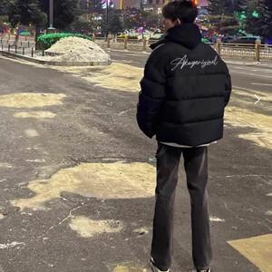 新款国潮字母棉服美式黑色立领防寒保暖加绒加厚面包服男女上衣