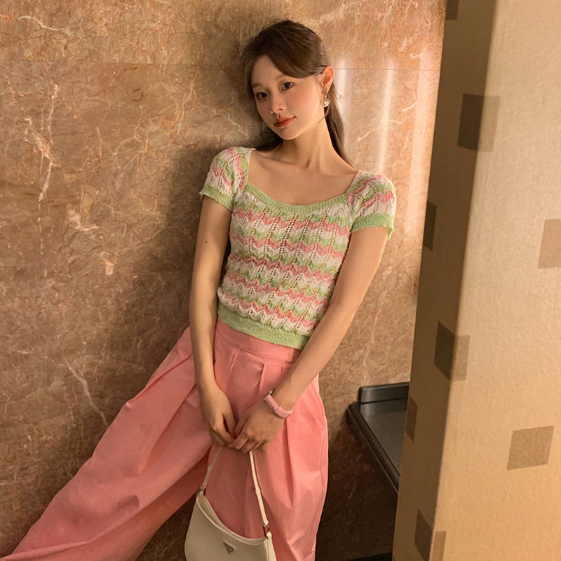 广州十三行清仓不退 2024夏日多巴胺甜美镂空麻绳针织短袖T桖女