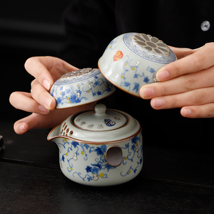 2025大师汝窑掐丝银招财福禄旅行茶具套装露营便携一壶两杯收纳包