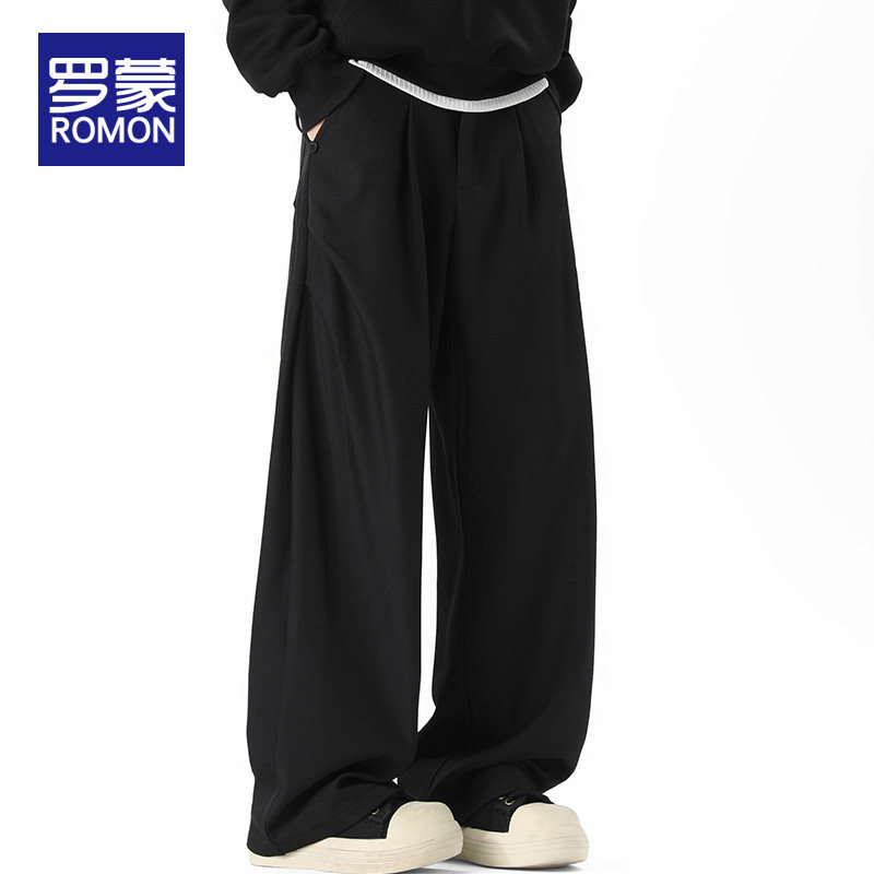 罗蒙美式捏褶设计直筒休闲裤男生春季宽松垂感百搭弯刀阔腿长裤子,男装,休闲裤,淘宝优惠券,粉丝福利购,淘宝优惠卷