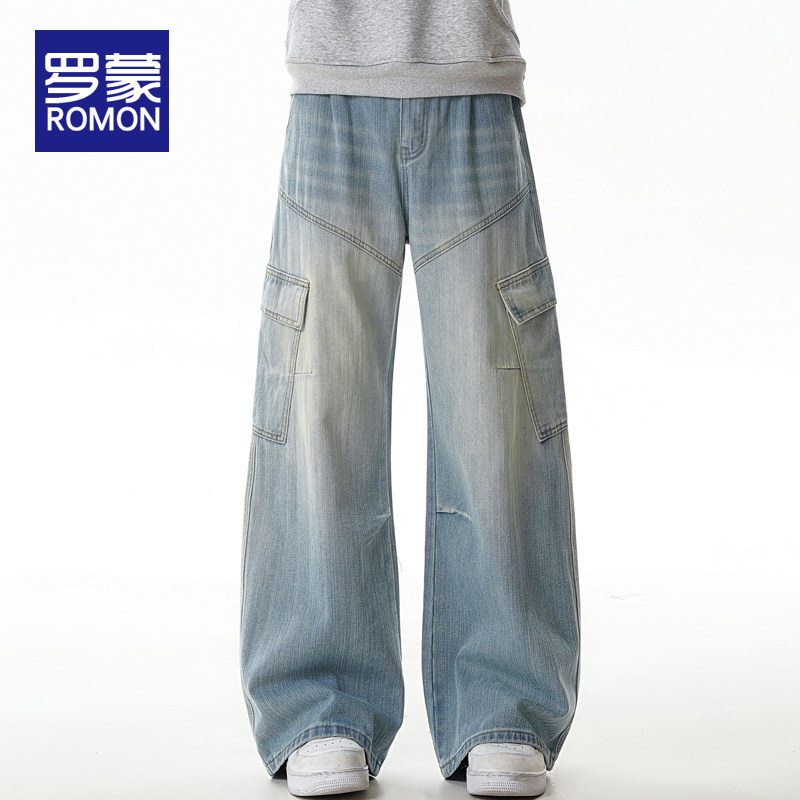 罗蒙工装牛仔裤男款2026新款春秋季美式水洗做旧弯刀休闲百搭裤子,男装,牛仔裤,淘宝优惠券,粉丝福利购,淘宝优惠卷