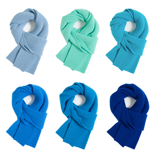 芮茜妮100%纯羊毛蓝色针织围巾男女通用时尚保暖百搭