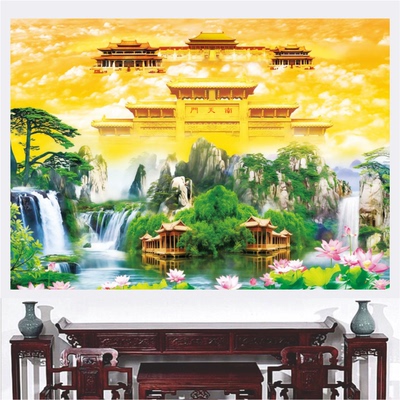 南天门八方聚财山水画青山绿水流水生财墙贴画客厅中堂背景装饰画