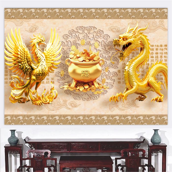 金龙金凤聚宝盆招财画聚财旺财客厅中堂办公室财运亨通装饰画壁画