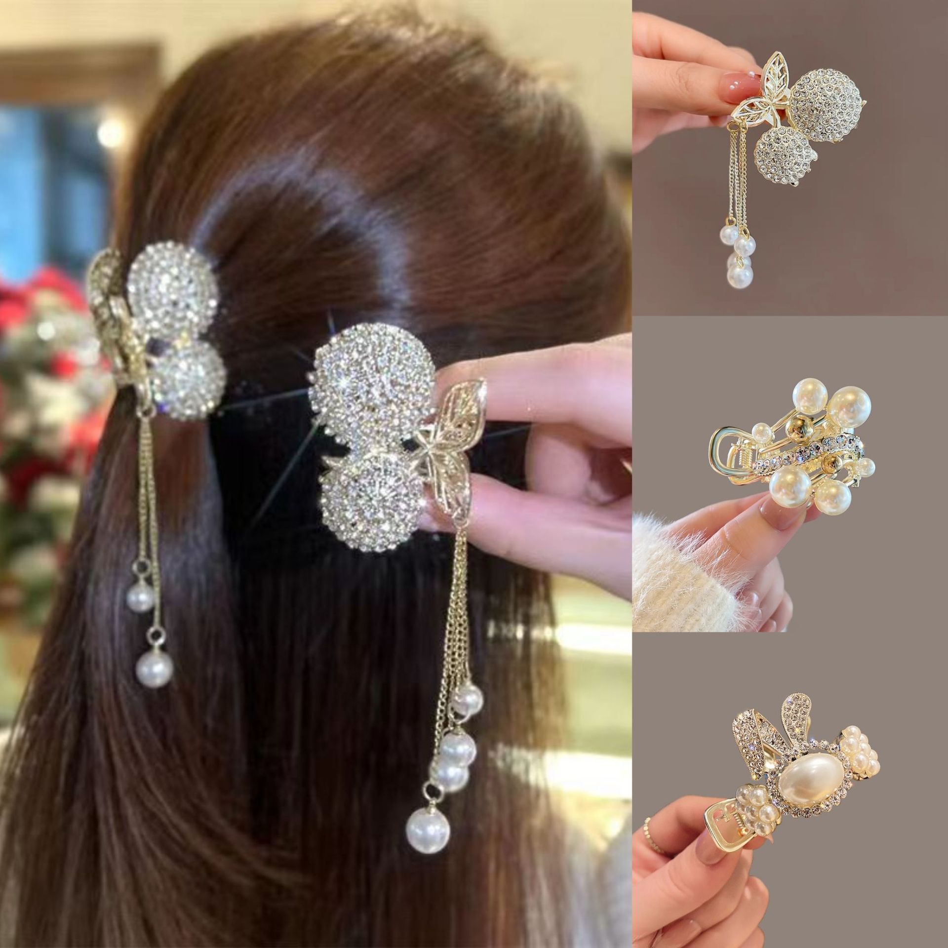 发卡~满钻樱桃流苏小抓夹