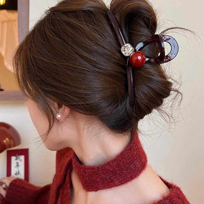 亚克力大号抓夹女红色珍珠高级感