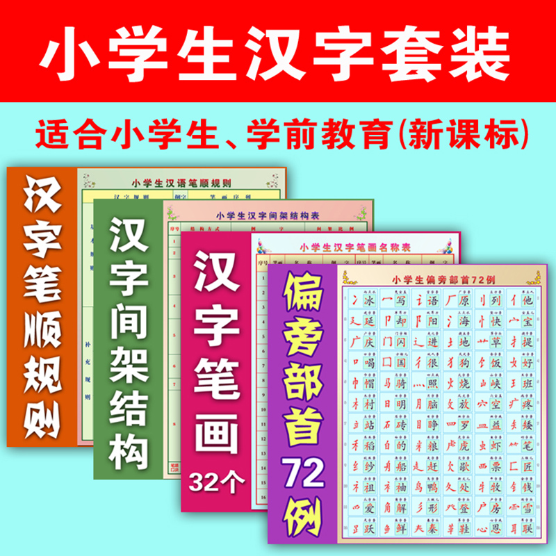 汉字基本知识挂图一套4张笔画名称表偏旁部首笔顺规则间架结构