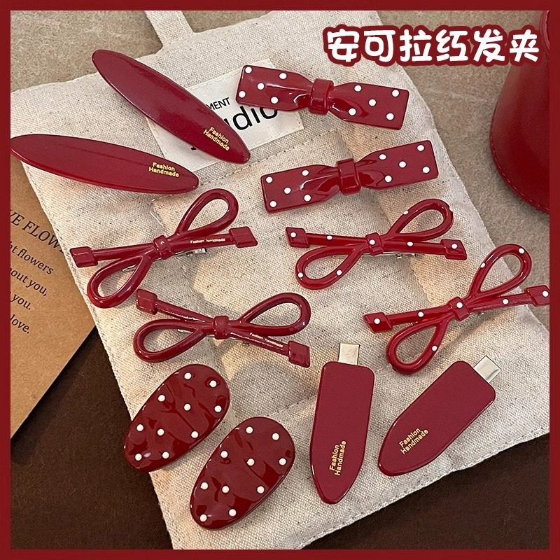 安可拉红蝴蝶结发夹女秋冬边夹