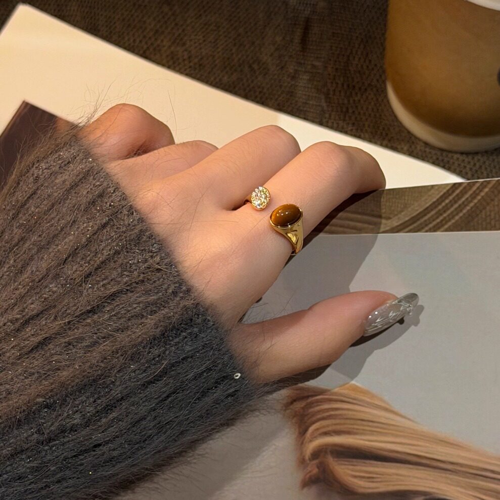 十里间【虎眼石戒指】简约百搭中古开口亮晶晶水滴中戒指环