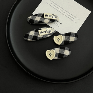 十里间【黑白棋盘格】甜美小清新爱心发夹百搭少女纽扣边夹鸭嘴夹