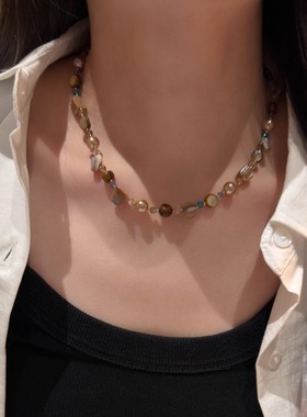 十里间【哥特】简约气质天然贝壳虎眼石项链百搭中古串珠锁骨链