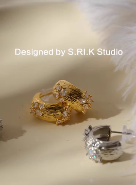 十里间【辰星】简约气质微镶锆石亮晶晶拉丝半月耳环百搭耳钉