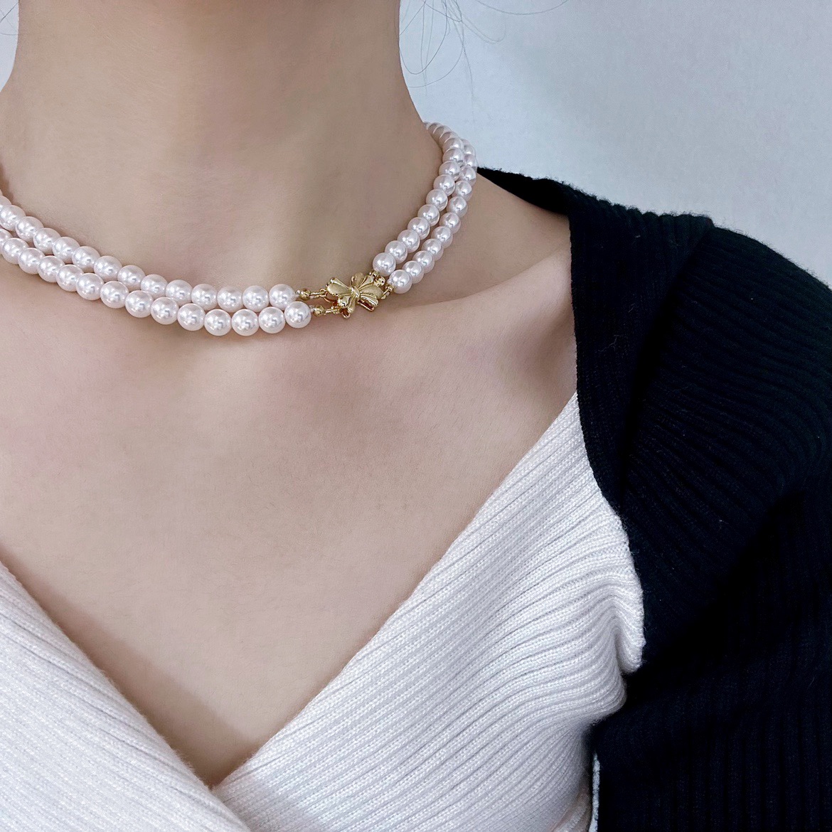 十里间法式蝴蝶结珍珠项链锁骨链