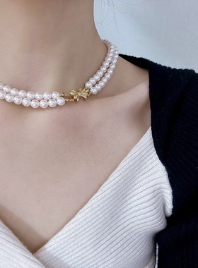 十里间法式蝴蝶结珍珠项链锁骨链