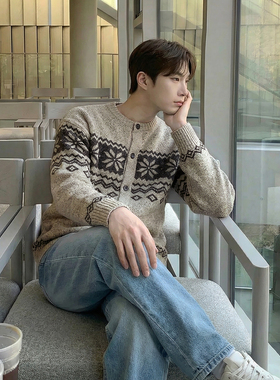 ASCLO&QIAO韩版男士针织衫春季新款慵懒风圆领复古费尔岛提花开衫