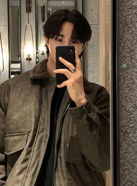 ASCLO&QIAO复古格调翻领夹克男士休闲宽松麂皮绒毛领拼接外套