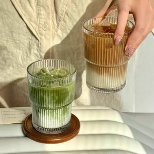 拿铁牛奶杯 竖条纹玻璃咖啡杯高级感水杯家用高颜值冰美式