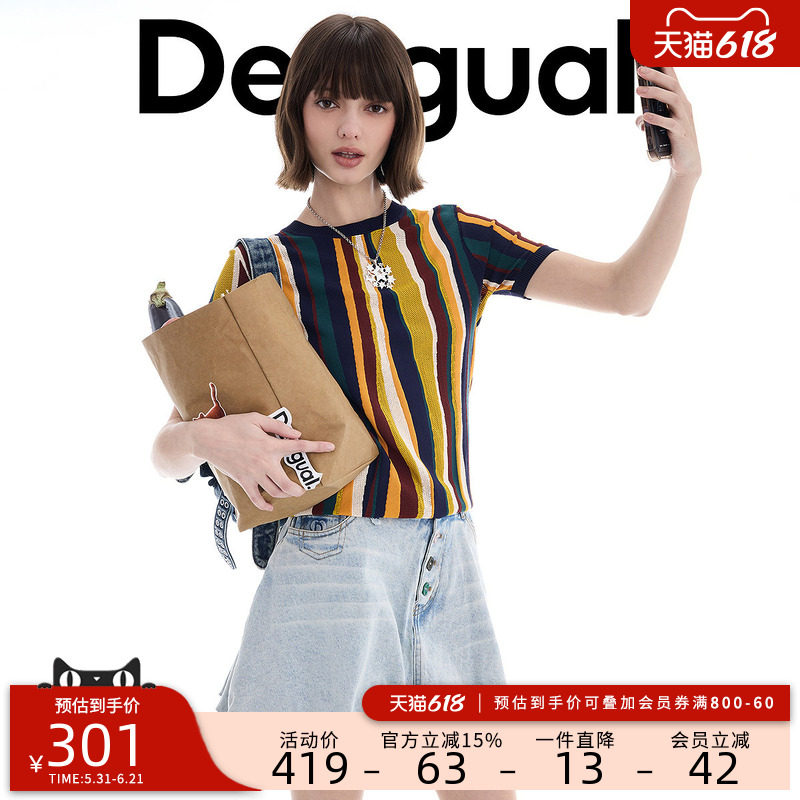 【LACROIX联名】Desigual26春夏新品彩色条纹镂空拼接女式针织衫