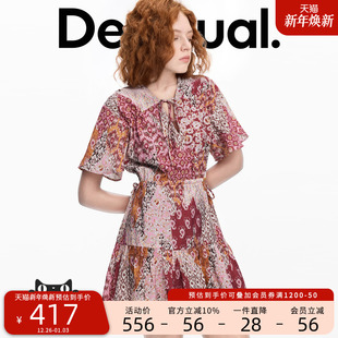 连衣裙 V领短款 Desigual波西米亚印花短袖 蝴蝶袖