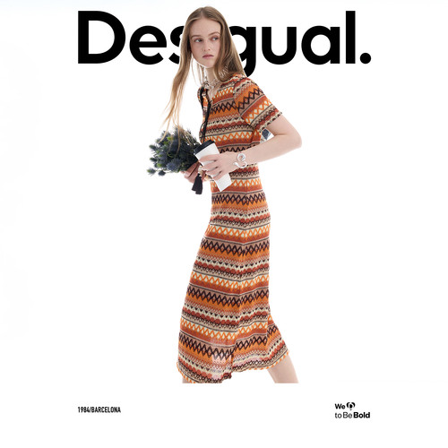 Desigual26春夏新品橘色条纹镂空流苏装饰连衣裙