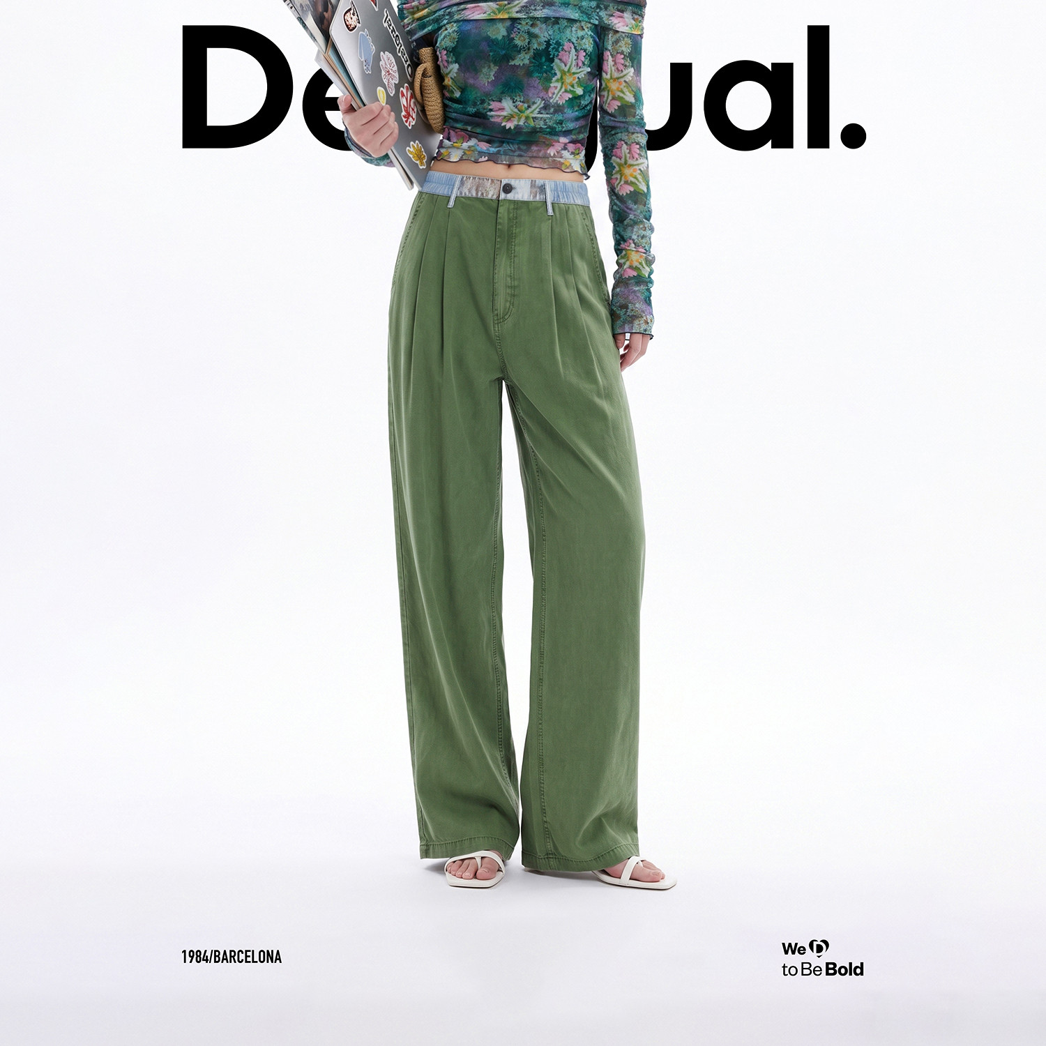 Desigual26秋冬新品撞色牛仔印花腰头军绿垂感打褶阔腿女式休闲裤