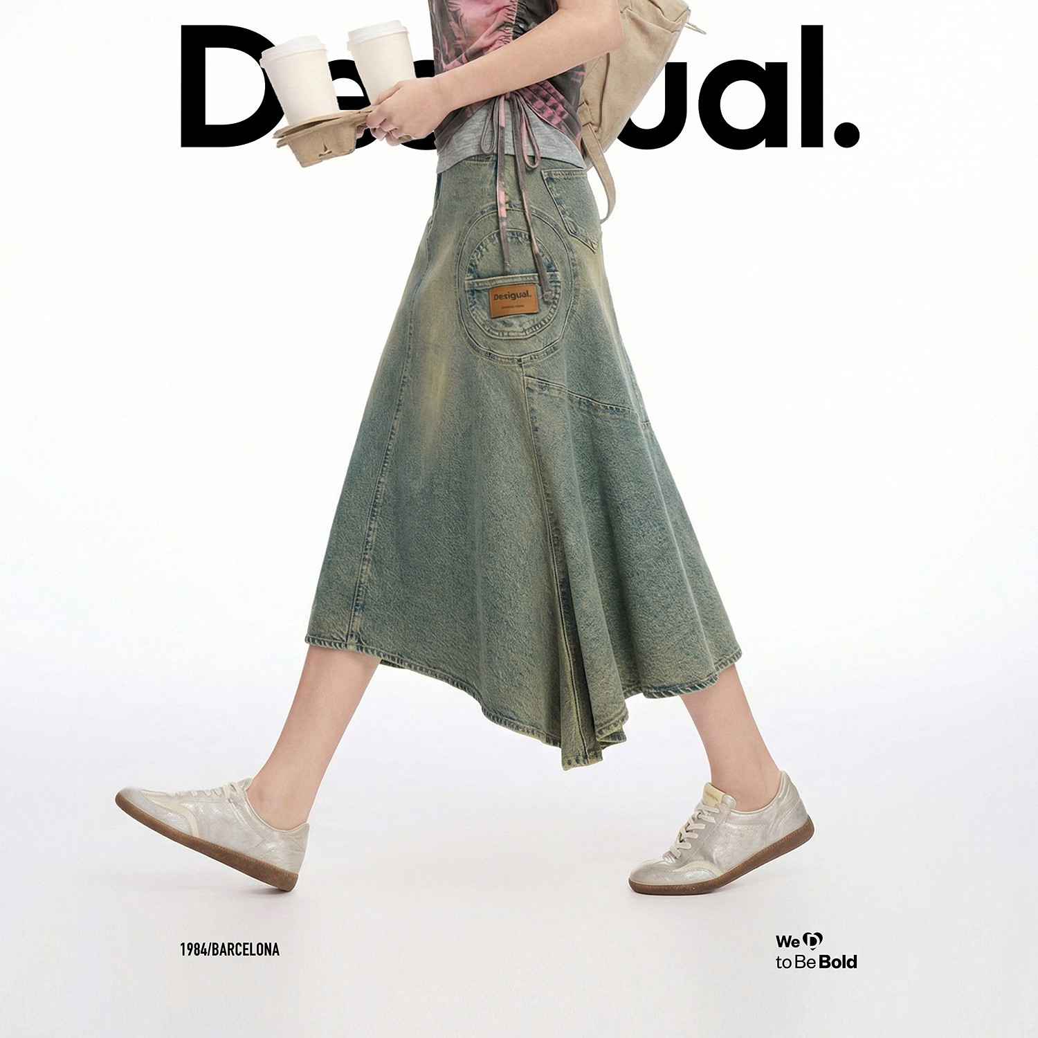 Desigual26春夏新品复古水洗圆形贴布不对称鱼尾女式牛仔半身裙