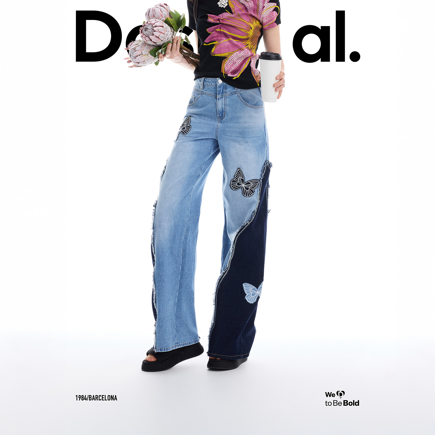 Desigual26春夏新品牛仔撞色拼接毛边蝴蝶刺绣女式牛仔裤