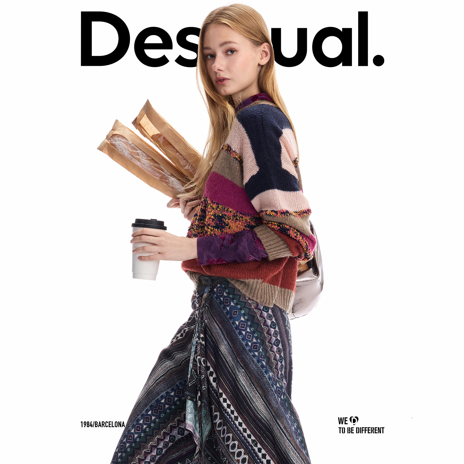 Desigual撞色条纹拼接段染彩色豆豆纱圆领女式针织衫