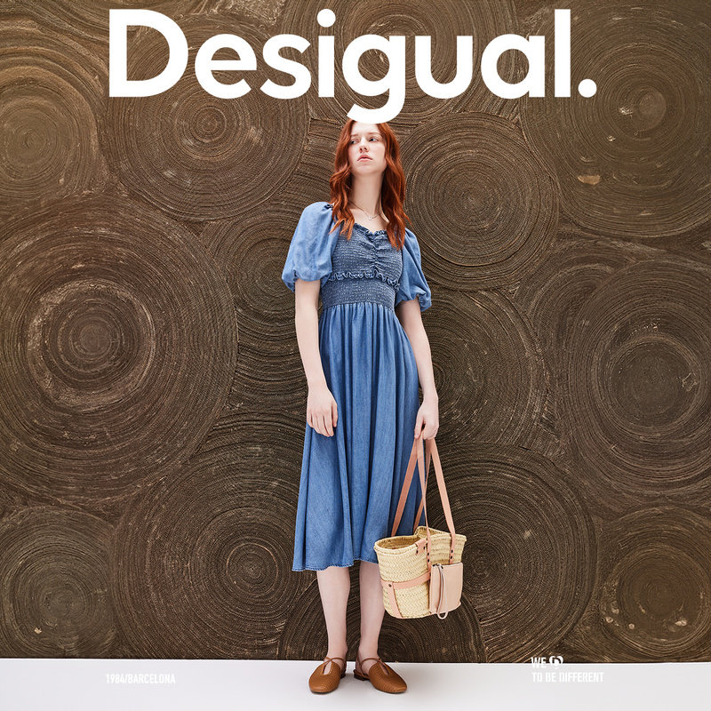 Desigual 复古风天丝牛仔司马克抽皱泡泡袖中长款连衣裙